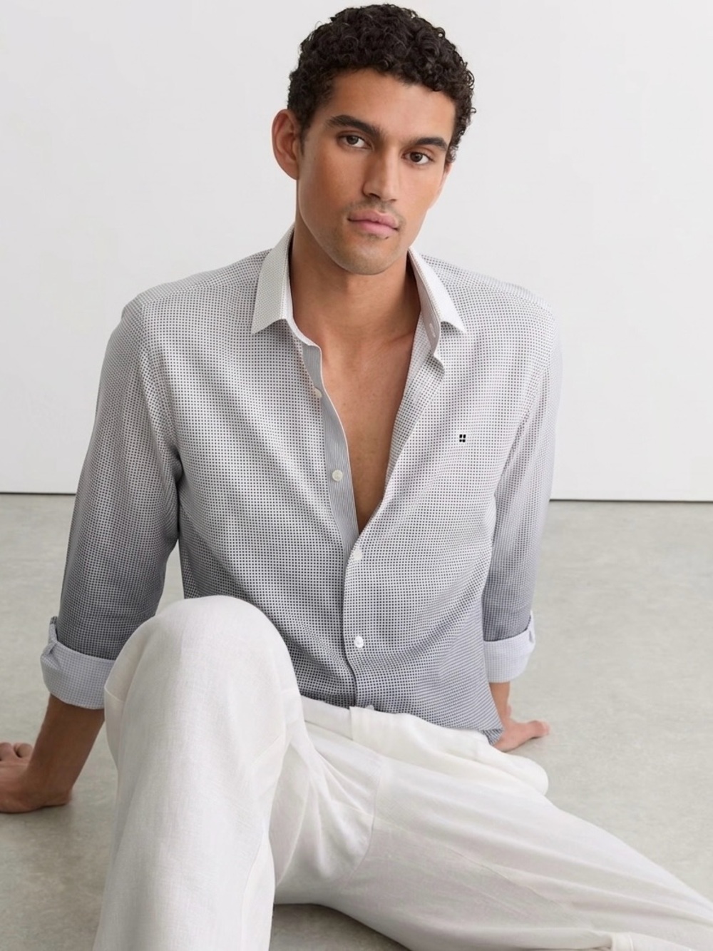 Saks Fifth Avenue Men's White and Gray Micro-Print Button-Down Shirt